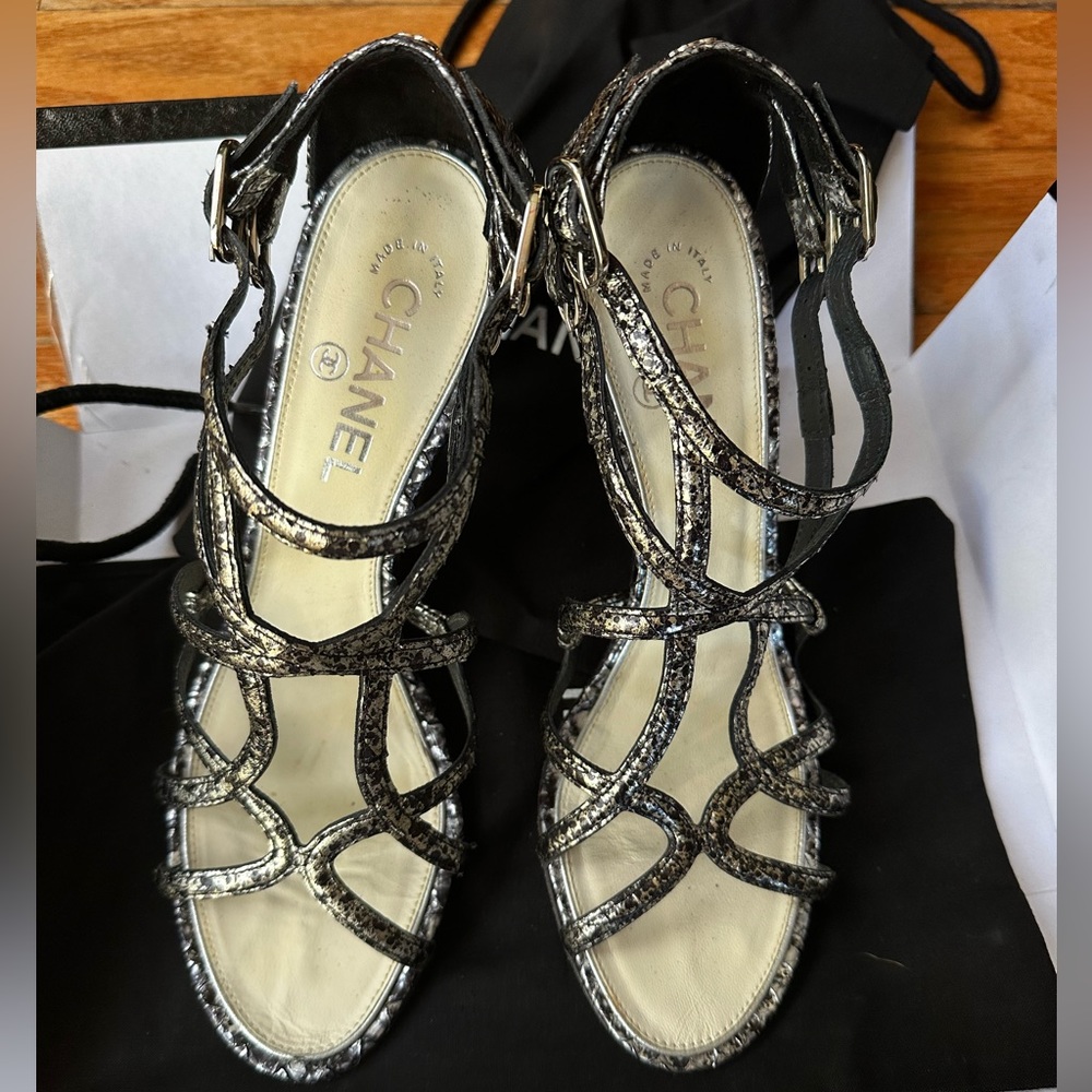 Authentic CHANEL interlocking CC logo snakeskin sandals